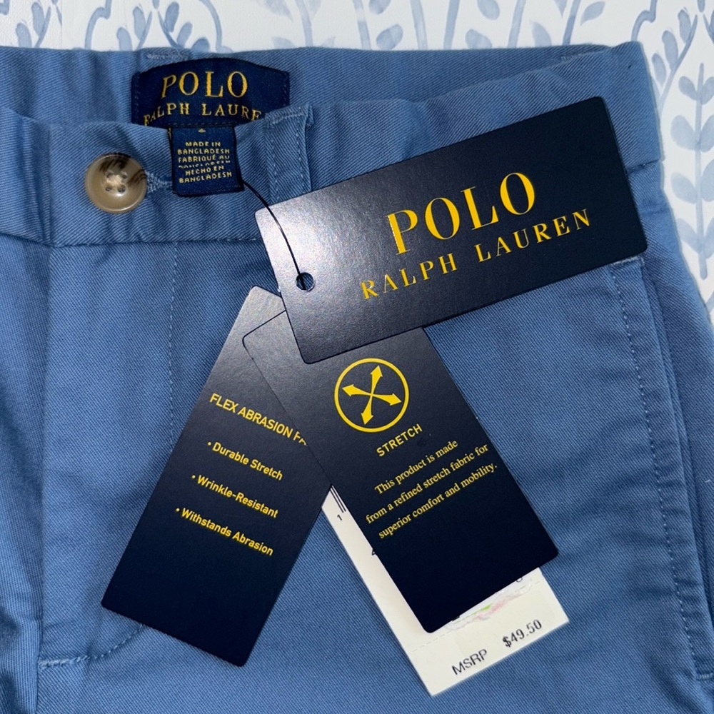 New Polo by Ralph Lauren Boys Classic Blue Chino Flat Front Shorts NWT - Picture 4 of 5